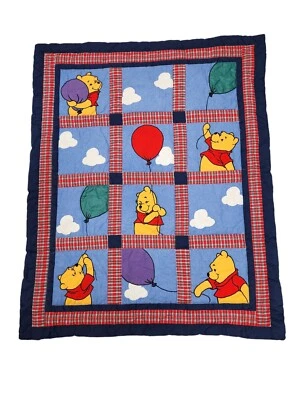 Antigo 1997 Winnie the Pooh Berço Berço Colcha Cobertor Balões Vermelho Azul Xadrez RARO - Imagem 1 de 4
