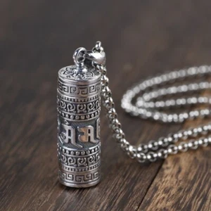 Solid 925 Sterling Silver Mens Tibetan Mantra Box Pendant Chain Necklace 60cm - Picture 1 of 6