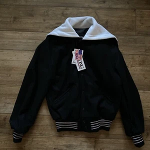 DeLONG Black Letterman Jacket Snap Front Wool Sleeves White Collar Small NWT - Picture 1 of 8