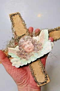 Antik Vintage Lametta Pappe Papier Jumbo KREUZ mit ENGELGESGESICHT Weihnachtsschmuck 2 - Bild 1 von 7