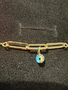 14k Real Gold Paperclip Evil Eye Bracelet for Women - Stunning Gift - Picture 1 of 8