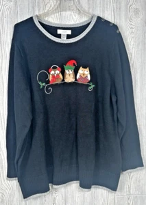 NWT CJ Banks Womens Christmas Owl Sweater Size 2X Black Festive Owls Holiday - Picture 1 of 16