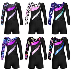 Kids Girls Rompers Stage Bodysuit With Shorts Professional Jumpsuit Metallic - Picture 1 of 69