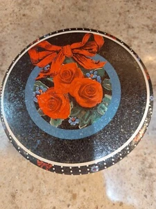 Vintage Nobel Hall Round Black Tin Red Bow & Roses White Polka Dots Lace 5.25" - Picture 1 of 4