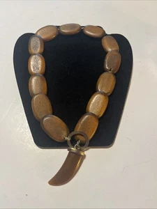 Wood Bead Necklace Handcrafted Beads With Acrylic Tooth Toggle 20” FUNKY - Picture 1 of 5