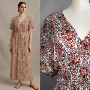 Boden Floral Print Maxi Dress Sz 6 Smock Waist Jersey Knit V Neck Boho vacation - Picture 1 of 14