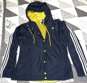 Adidas Windbreaker Jacket LARGE Blue Yellow Button Down Hoodie Hooded - Picture 1 of 8