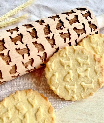 Wooden Rolling Pin Engraved Roller Embossed dough Cat Kitty pattern  15" - Image 1 of 4