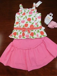 NEW GYMBOREE 3 PC OUTFIT SIZE 4 APPLES TOP & PINK SKORT Headband NWT GIRL ORANGE - Picture 1 of 9