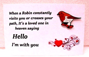 Robin pin badge on card. Bereavement item. Friendly bird. Lost loved ones Mum - Picture 1 of 3