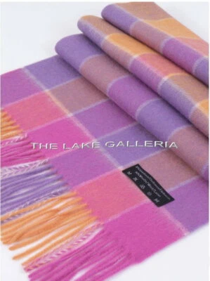 Fuchsia Orange Lavender Scottish Plaid Check Soft Real Wool Winter Muffler Scarf - Imagem 1 de 2