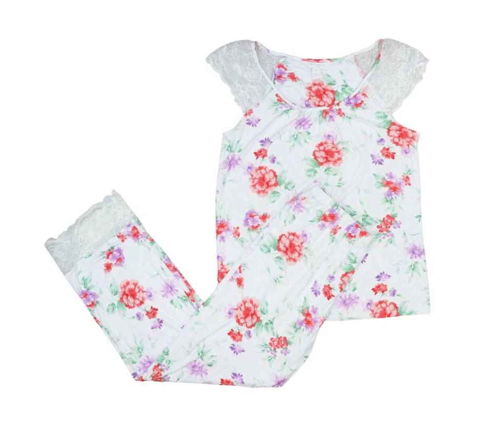 Conjunto de pijama de manga corta floral con ribete de encaje Charter Club de 2 piezas nuevo con etiquetas Foto 1 de 1