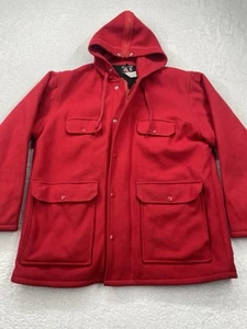 Vintage Johnson Woolen Mills Jacket Size L Red Hood Quilt Lining Wool Vermont - Picture 1 of 11