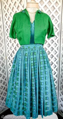 Vintage 50's Pat Hartly 2Pc Blue/Green Cotton Fray Fabric Tea Length Dress SM - Image 1 of 4