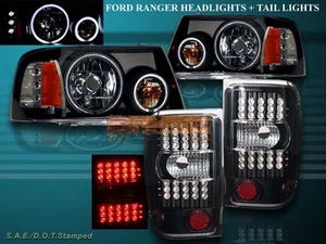 2001-2011 FORD RANGER TWO HALO CCFL LED BLACK HEADLIGHTS + LED TAIL LIGHTS BLACK - Bild 1 von 2