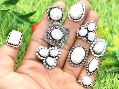 Regenbogen Mondstein Ring Menge,Mix Form & Größe Mystery Packung Starling Silber - Bild 1 von 4