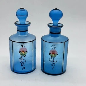 Czechoslovakia Blue Satin Glass Two Handpainted Enamel Vintage Perfume Bottles - Picture 1 of 16