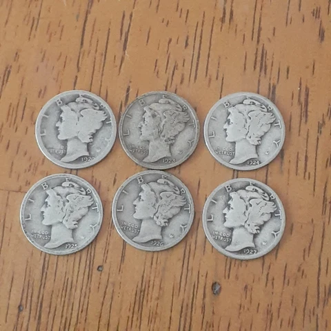 Lot of 6 Mercury Dimes. 90% Silver.20P,23P,24P,25P,26P,&27P, Early Years Cover