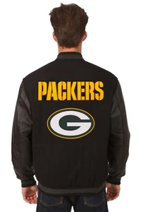 Chaqueta reversible de cuero de lana de los Green Bay Packers de la NFL parche bordado logotipos negra - Imagen 1 de 6
