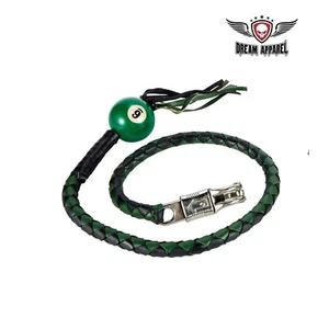 36" Black and Green Fringed Get Back Whip with Pool Ball for Motorcycles - Picture 1 of 8