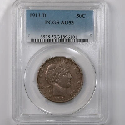 1913-D Barber 50C PCGS Certified AU53 Denver Minted Silver Half Dollar Coin - Image 1 of 4