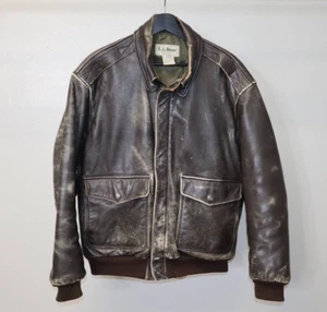 VTG 90s LL Bean Type A-2 Leather Bomber Flight Jacket Made in USA Size Large - Picture 1 of 6