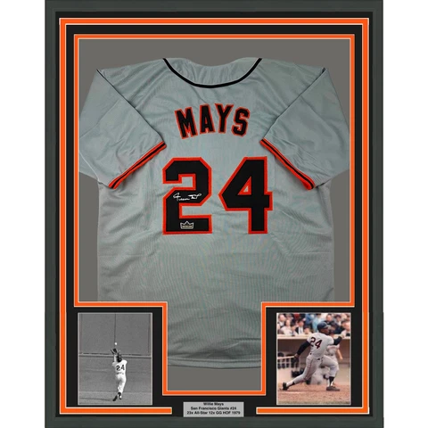 Framed Facsimile Autographed Willie Mays 33x42 Grey Reprint Laser Auto Jersey Cover