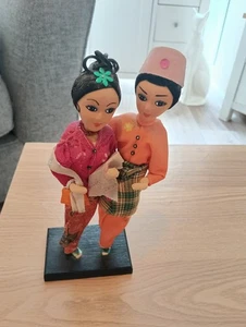 Vintage Malaysian Dolls In Traditional Costumes. Used . Mounted On Wooden Plate - Picture 1 of 5