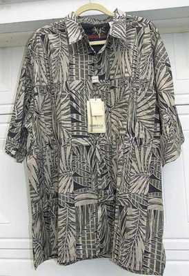 BAMBOO CAY 100% 棉黑色卡其色橄榄绿棕榈叶夏威夷衬衫 2X 55 — 第 1/4 张图片