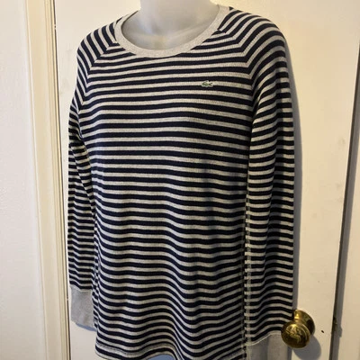 Suéter clásico a rayas tejido de algodón Lacoste para mujer talla EU 44 US 12 azul marino/gris usado en excelente estado Foto 1 de 4