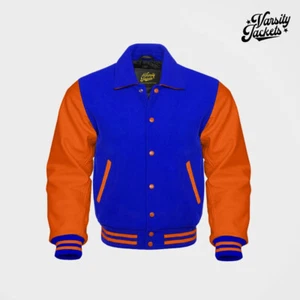 Royal Blue body Orange Sleeves Premium Varsity Jacket Letterman Baseball College - Picture 1 of 5