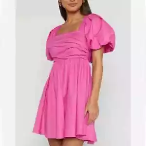 Caara Minikleid quadratischer Ausschnitt kurz Puffärmel Popeline rosa Damen Gr. L - Bild 1 von 9