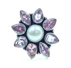 925 Sterling Silver Mother Of Pearl &Pink Topaz Gemstone Jewelry Adjustable Ring - Picture 1 of 4
