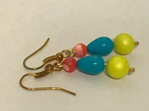 Turquoise Magnesite, Yellow Shell Pearl, Pink Shell Earrings on Plated Ear Wires - Picture 1 of 3