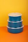 3pc BLUE Kitchen Storage Container Set Stackable Enamel Bowls with Plastic Lid
