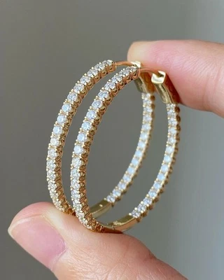 Large Round Cut Moissanite Inside Outside Hoop Earrings 14k Yellow Gold - Image 1 of 3