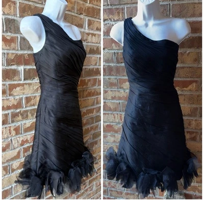 Theia Mini Vestido Un Hombro Acanalado Mezcla Seda con Dobladillo Roseta Talla 8 Foto 1 de 4