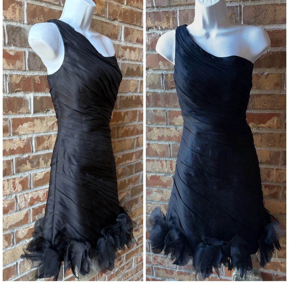 Theia Mini Vestido Un Hombro Acanalado Mezcla Seda con Dobladillo Roseta Talla 8 Foto 1 de 4