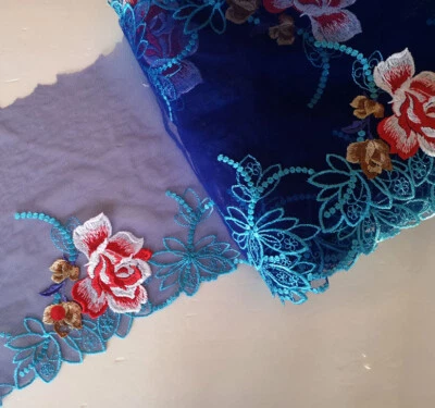 3.5y 7" W Royal Blue Tulle Lace/Embroidered Turquoise / White/ Red Flower eh0230 - Image 1 of 2