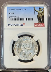 1961 PANAMA SILVER 1/2 BALBOA VASCO NUNEZ DE BALBOA NGC MS 64 BRIGHT BU BEAUTY - Picture 1 of 3