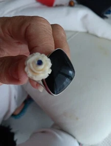 Ring .925. Onix Rose Carved Very Good Size Sapphires? H.Made 11 .adjustable - Picture 1 of 15