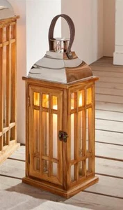 Holz Laterne Kerzenhalter 40 cm hoch Retro Windlicht Metalldach Kerzenständer - Bild 1 von 6