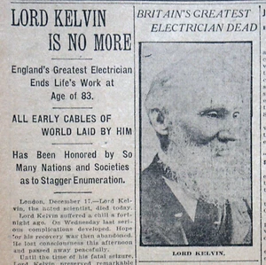 Titelseite der Zeitung 1907 - britischer Elektriker Lord Kelvin mit 83 Jahren gestorben - Bild 1 von 4