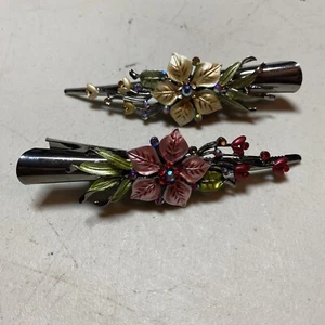 2 Hair Clips, Pink Peach Rhinestone Flowers Silver Tone, Metal, Goody - Picture 1 of 4