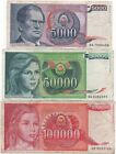 Yugoslavia Set 5000 50000 100000 Dinara 1985 1988 1989 Banknotes Circulated