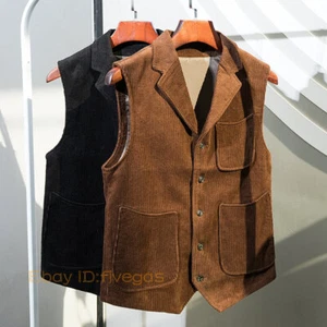 Men Corduroy stripe Business Formal Lapel Collar Vest Slim Fit Waistcoat Vintage - Picture 1 of 15