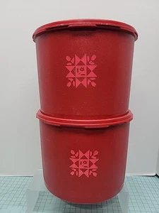 Rare Vintage Red Tupperware Canister Set 1626 Tulip Quilt 2Canister w/ Lids - Picture 1 of 9