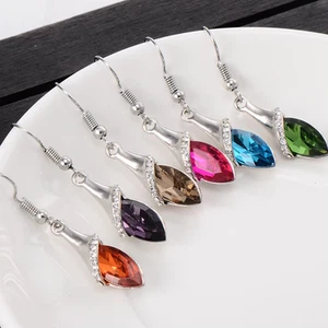 Long Teardrop Leaf Dangle Drop Zirconia Crystal Hook Earrings Women Jewelry UK - Picture 1 of 15