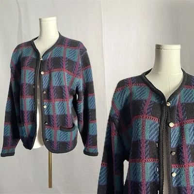 Cardigã Vintage Tally Ho Anos 80 Xadrez Tartan Tamanho M Inverno Grannycore Verde Vermelho - Imagem 1 de 4