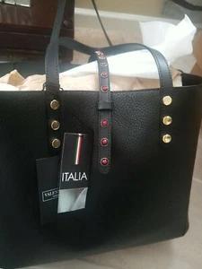Valentina Fiore Italian Handmade Leather Tote Bag With Gemstones Studs Black - Picture 1 of 11